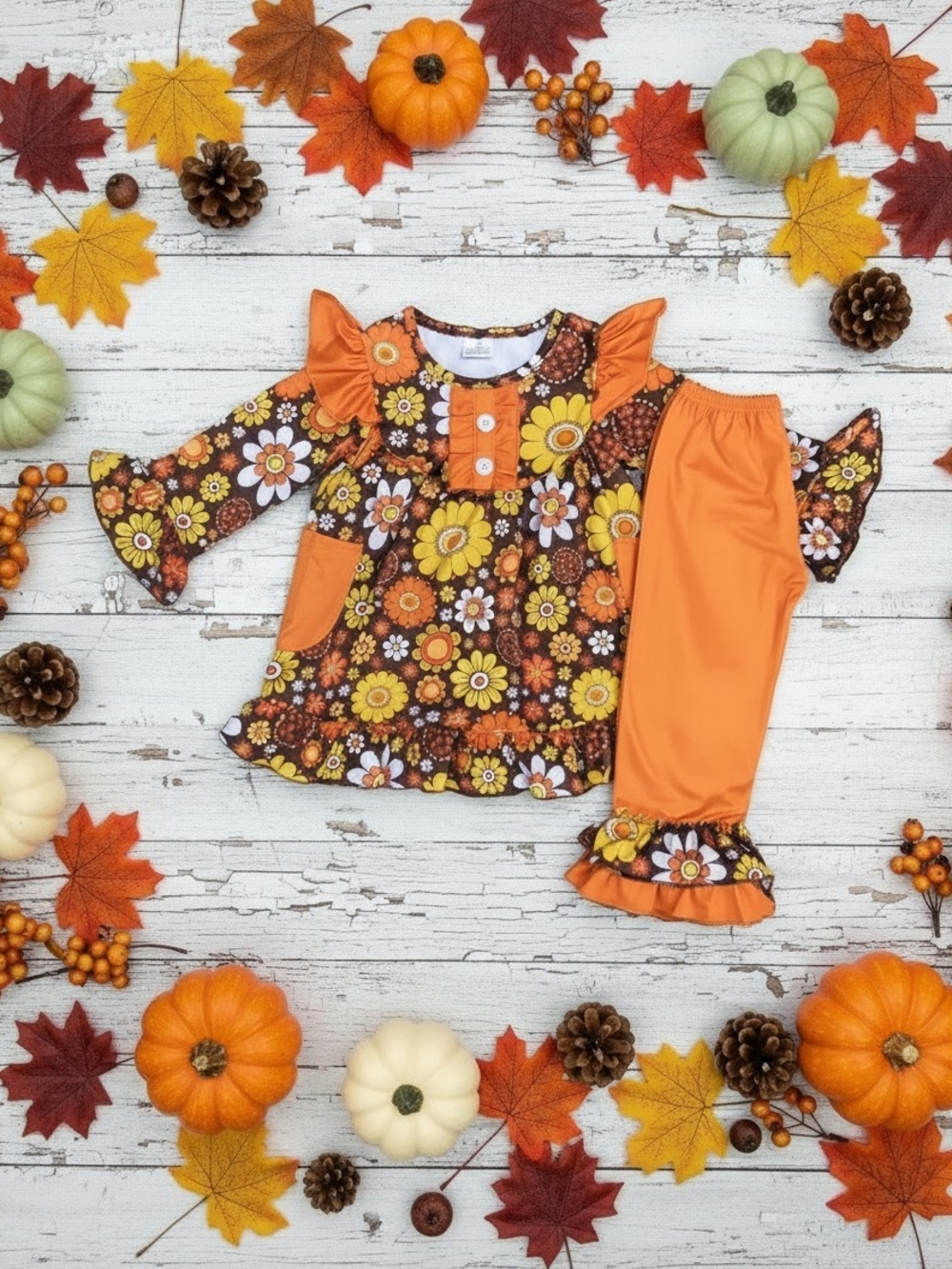 Orange Floral Ruffle Two-Piece Kids Fall Set